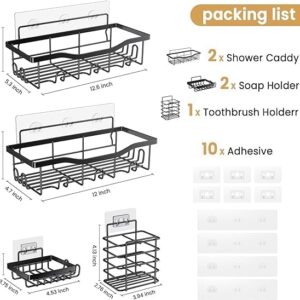 Rustproof Stainless Steel Shower Caddy 5 Pack, Bathroom Storage Accessory Shelf Organiser No Drilling Hanging, Soap Toothbrush Holder Set, Kitchen Wall Mounted Corner Decor, Black
