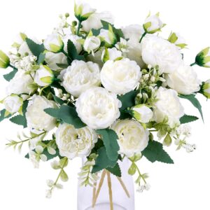 4 Bunches Peony Artificial Flowers White Flowers Silk Peonies Bouquets for Wedding Party Table Centerpieces Floral Arrangement Home Kitchen Decor