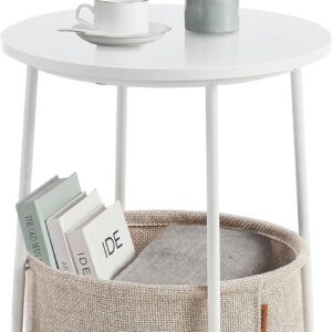 Side Table, Round End Table with Fabric Basket, Spacious, for Living Room Bedroom, Bedside Table, Modern Style, White and Beige LET223W10
