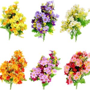 artificial fake faux daisy silk flowers bundle of 6 colors uv resistant greenery shrubs plants indoor outside hanging baskets planter home garden decorating